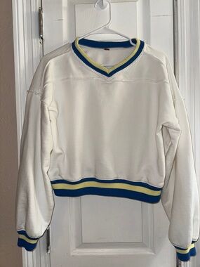Free People White V-Neck Pullover Sweatshirt with Blue & Yellow Trim